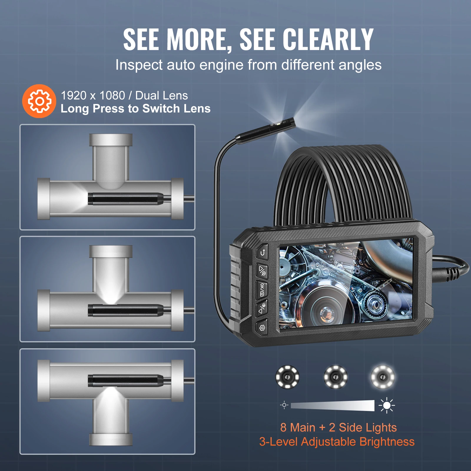 Waterproof Endoscope Camera Dual Lens Borescope 5" Screen 1080P with LED Lights - Image 2